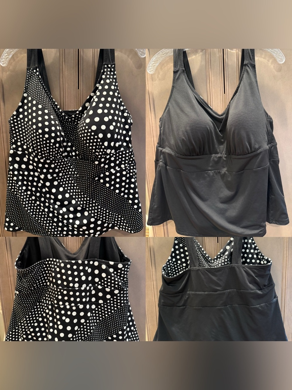 Reversible Black & White Polka Dot or Solid Black Tankini Top